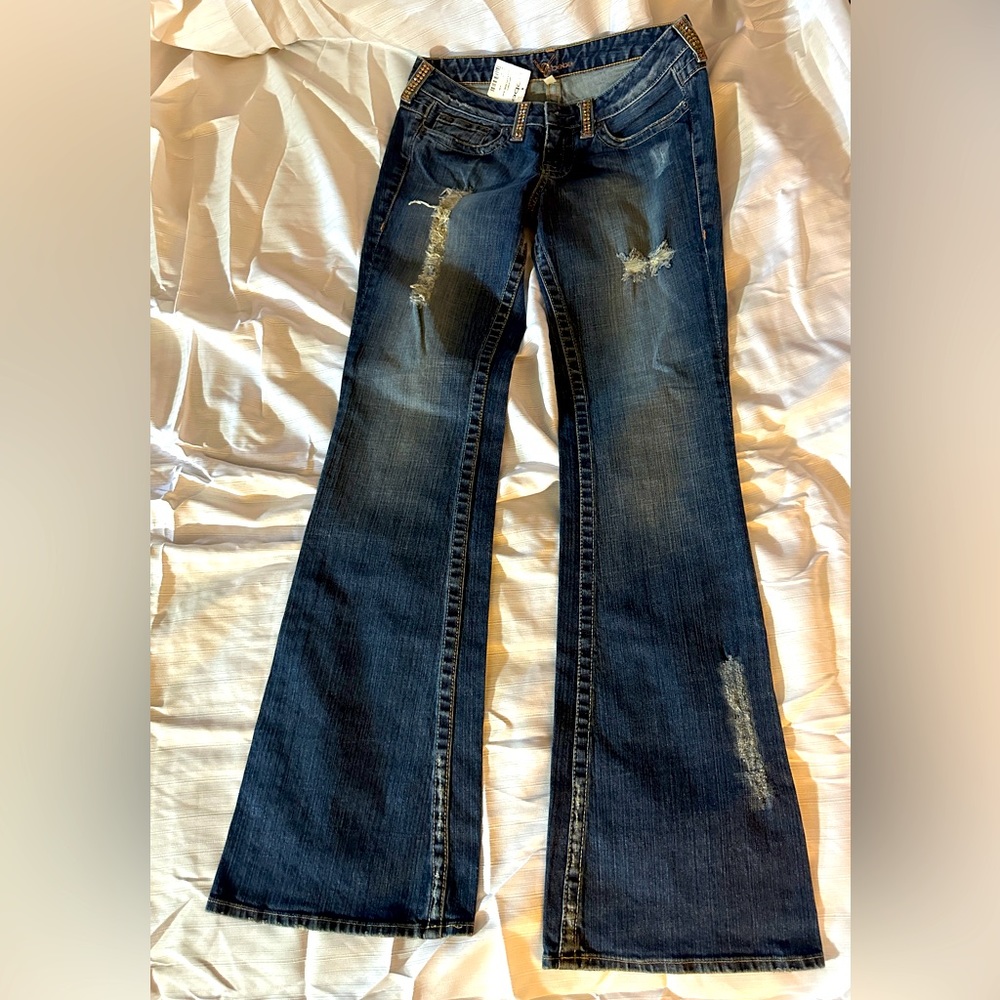 Vintage Y2K BEBE Jeans Size 29/LowRise Yellow Rhinestones across back/belt loops